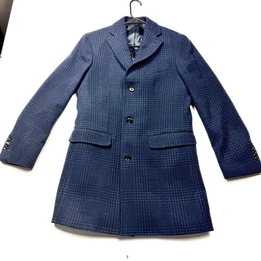 Massimo Dutti Glen Plaid Overcoat Extrafine Wool Blue Mens Size 40 Dark Academia